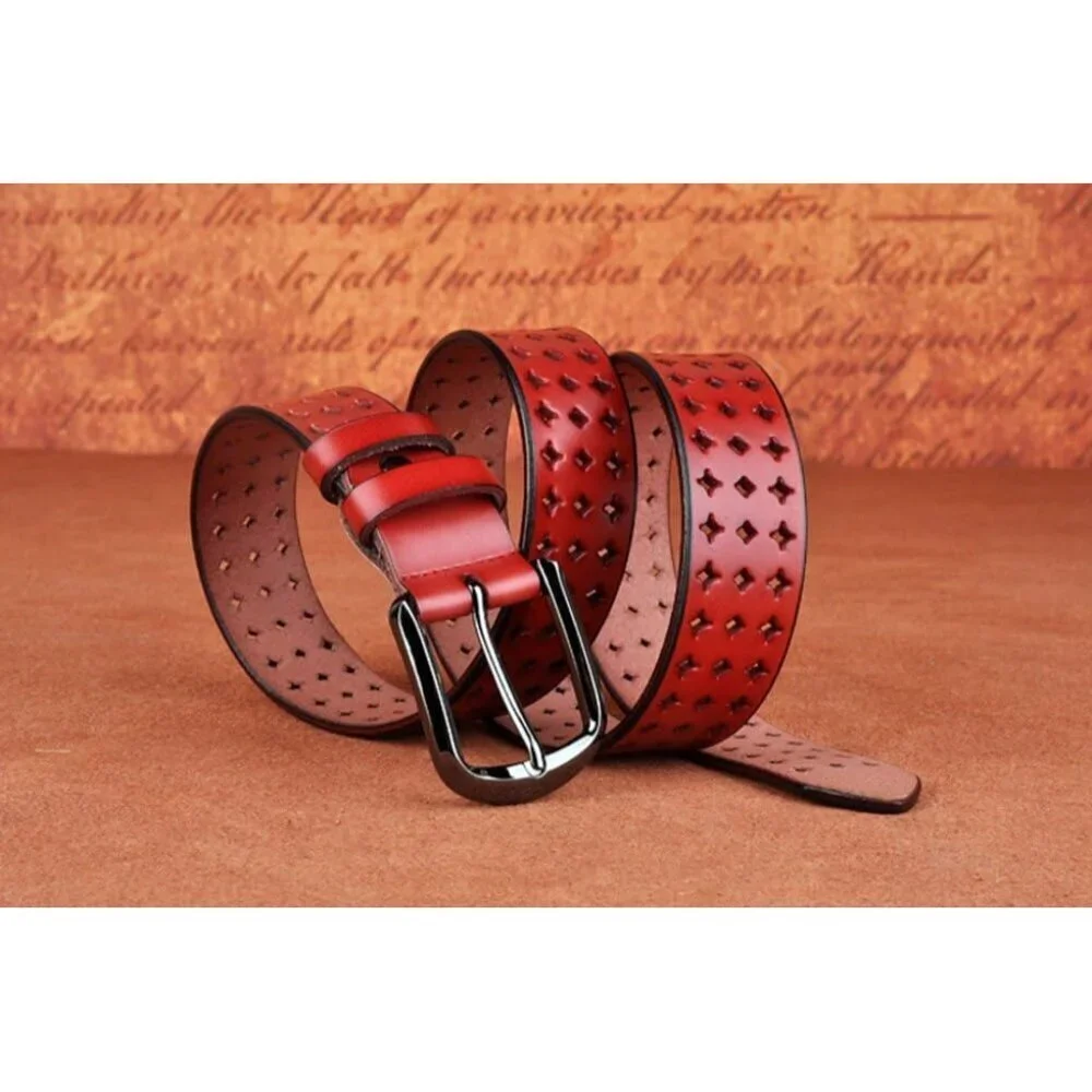 Women's Red Soft Genuine Leather Belts with Pin Buckle Comfortable